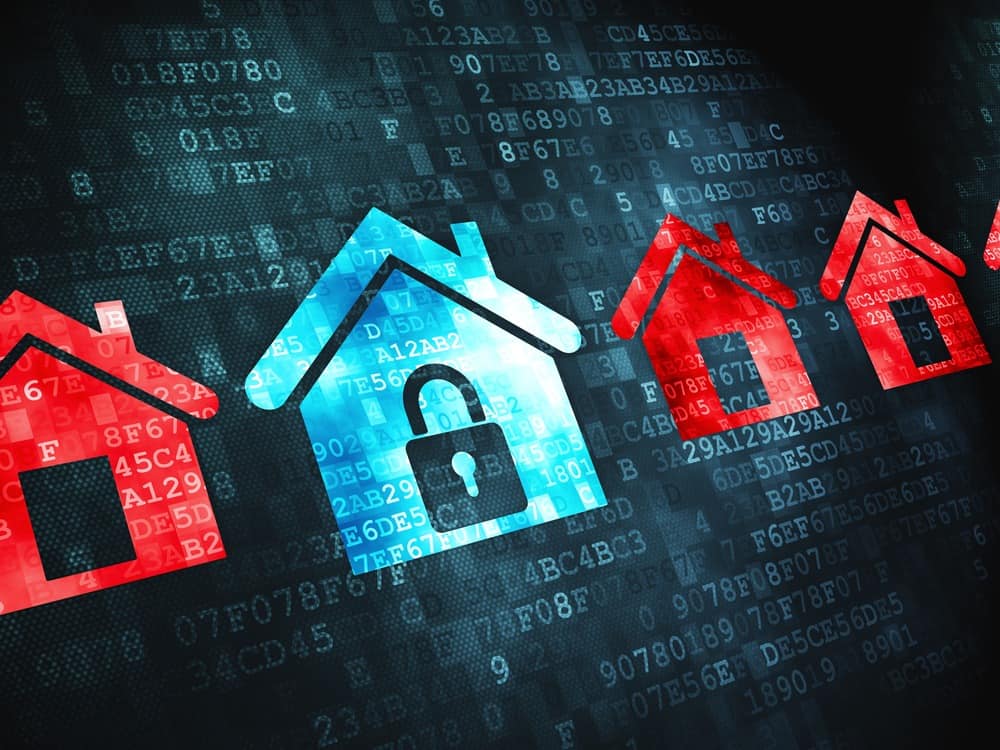 blue house image with lock surrounded by red unlocked houses