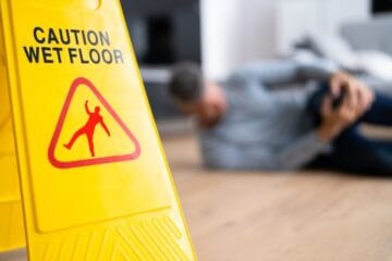 Image of a wet floor sign with a man in the background clutching his knee after slipping.